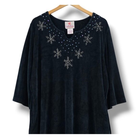 Quacker Factory Velvet Robe 1X Beaded Snowflake Teal Navy Blue Pockets Modest - Picture 8 of 12
